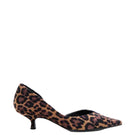A pair of AERA Ariana leopard velvet heels with pointed toes and stiletto heels, featuring a bold leopard print design.