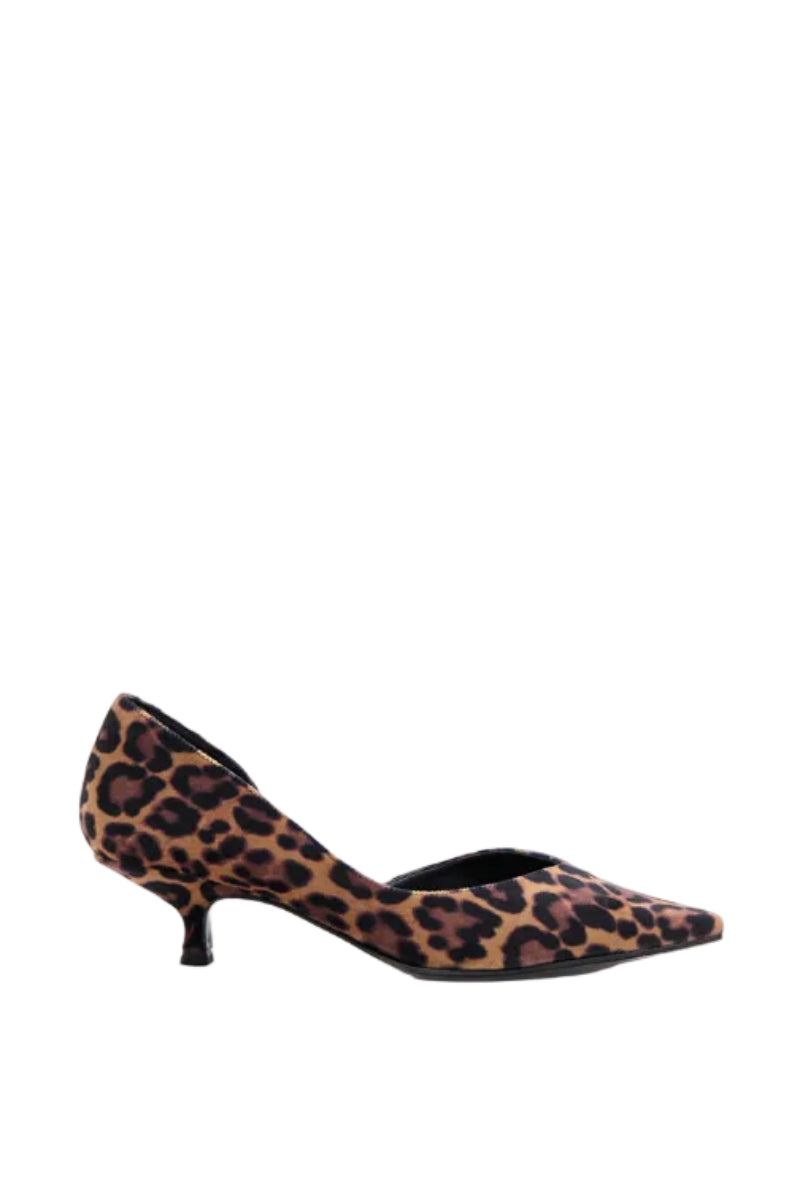 A pair of AERA Ariana leopard velvet heels with pointed toes and stiletto heels, featuring a bold leopard print design.