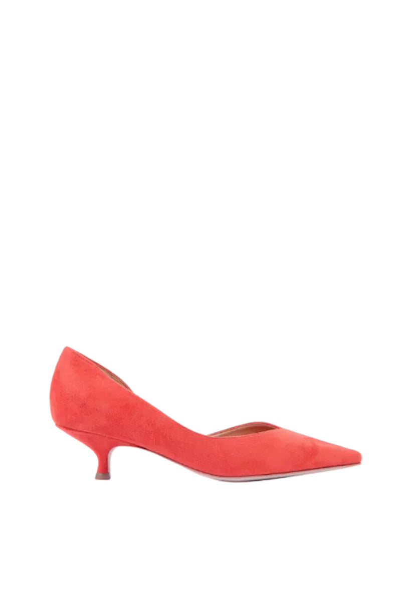 A pair of AERA Ariana orange suede-effect heels with pointed toes and stiletto heels, displayed on a neutral background.