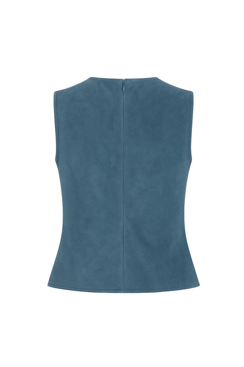 ZUT Arlington top in jean blue, casual sleeveless denim blouse with button front and collar, stylish women's top.
