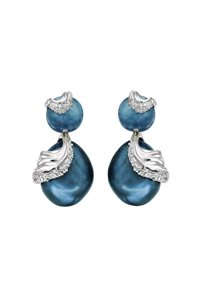 Blue interchangeably styled cascade earrings by Jude Benhalim featuring layered dangling design and intricate details.