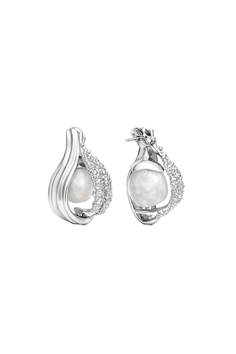 Silver and pearl interchangeable loop hoop earrings by Jude Benhalim with sleek, modern design and polished finish.