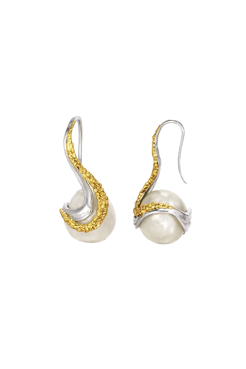 Jude Benhalim Eternity earrings featuring intricate metallic design and circular shape, hanging from ear with a polished finish.