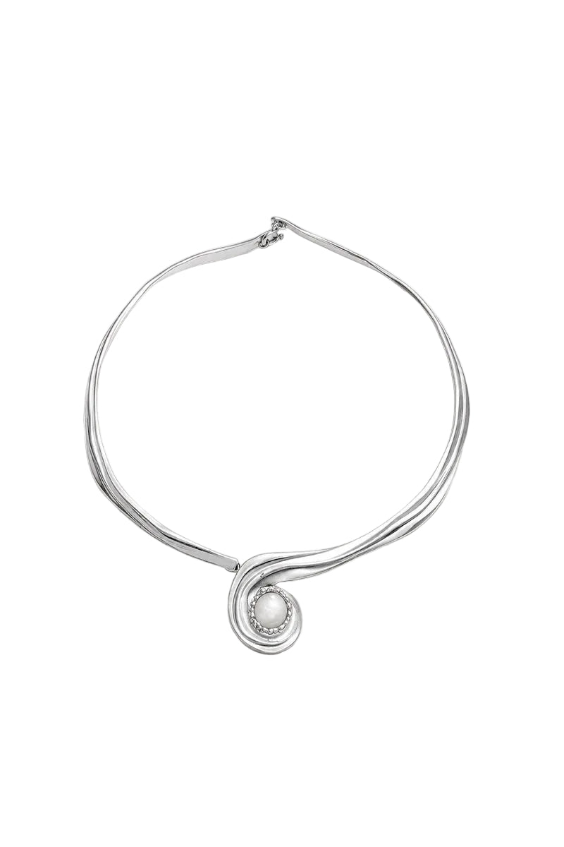 Silver and pearl interchangeable spiral necklace by Jude Benhalim with layered silver and pearl charms on a delicate chain.