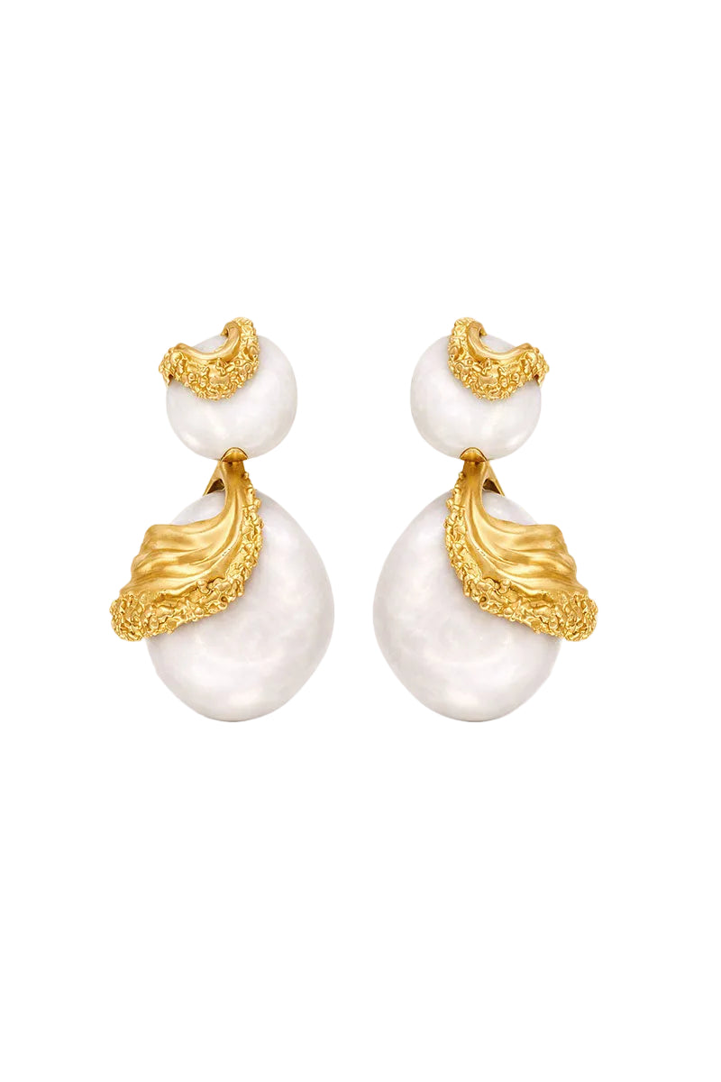 Jude Benhalim white interchangeable cascade earrings with layered, flowing design and silver hooks on a white background.