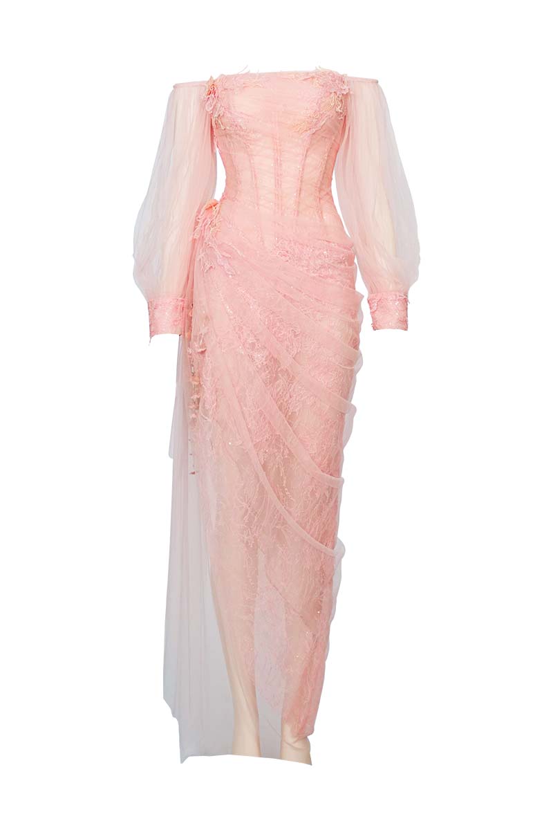 Do Long CULT MIA X DO Long Veil of Dawn gown displayed on a model, featuring elegant fabric and intricate design details.