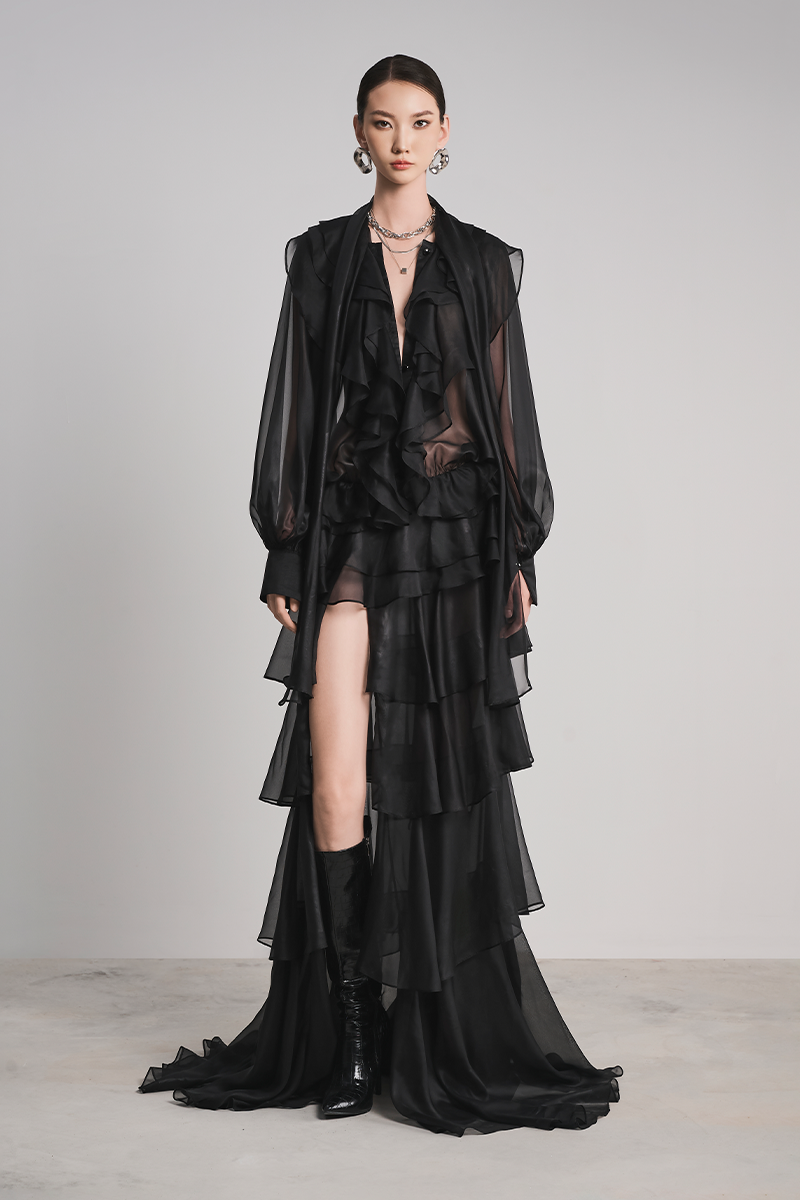 ruffle black dress Le Thanh Hoa RAVEN LUXE RUFFLES MAXI DRESS IN Black