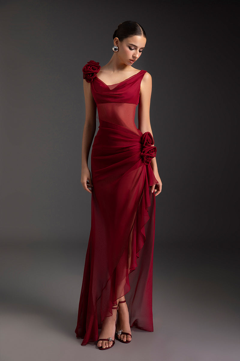 Le Thanh Hoa Flaming Muse gown featuring fiery orange and red tones, flowing fabric, and elegant design for special occasions.