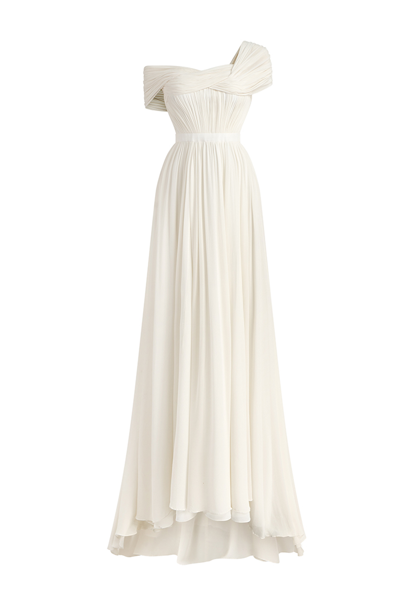 Elegant white Dover A-line gown by Le Thanh Hoa featuring a flowing silhouette and delicate fabric for formal occasions.