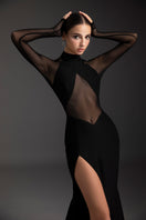 Le Thanh Hoa Moonless Night gown featuring flowing fabric, elegant design, and a soft, dark color suitable for evening wear.