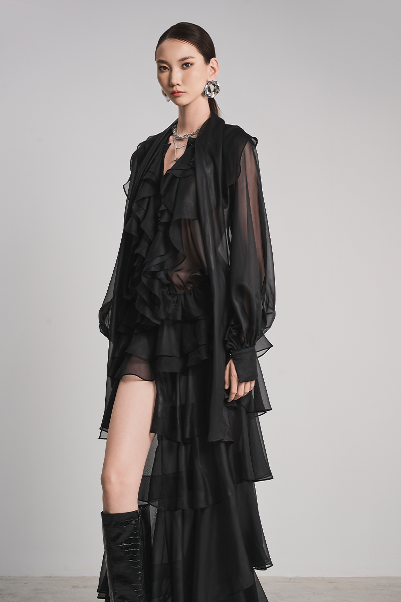 RAVEN LUXE RUFFLES MAXI DRESS IN BLACK - CULT MIA