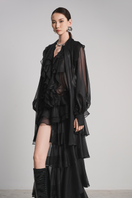 Black Raven Luxe Ruffles Maxi Dress by Le Thanh Hoa featuring ruffled details and a flowing silhouette.