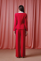 Do Long Crimson Power Suit Set co-ords featuring a stylish blazer and matching pants in deep red fabric.