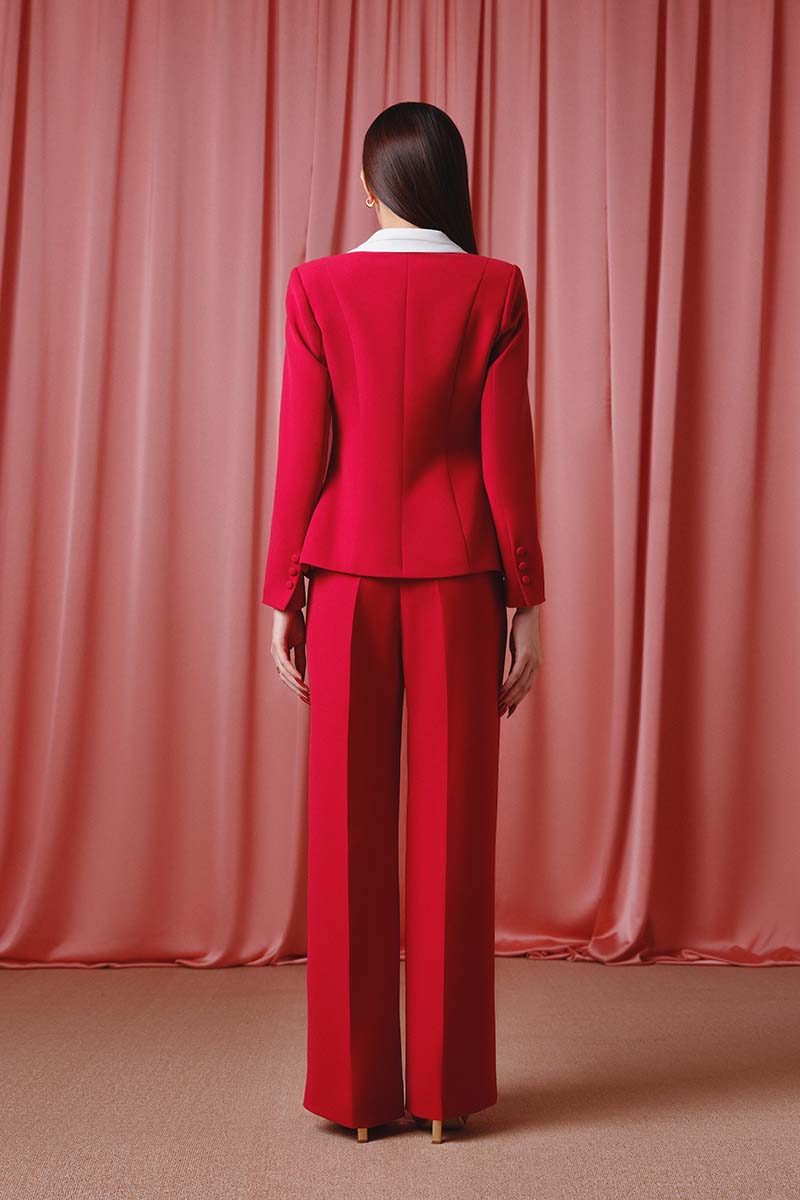 Do Long Crimson Power Suit Set co-ords featuring a stylish blazer and matching pants in deep red fabric.