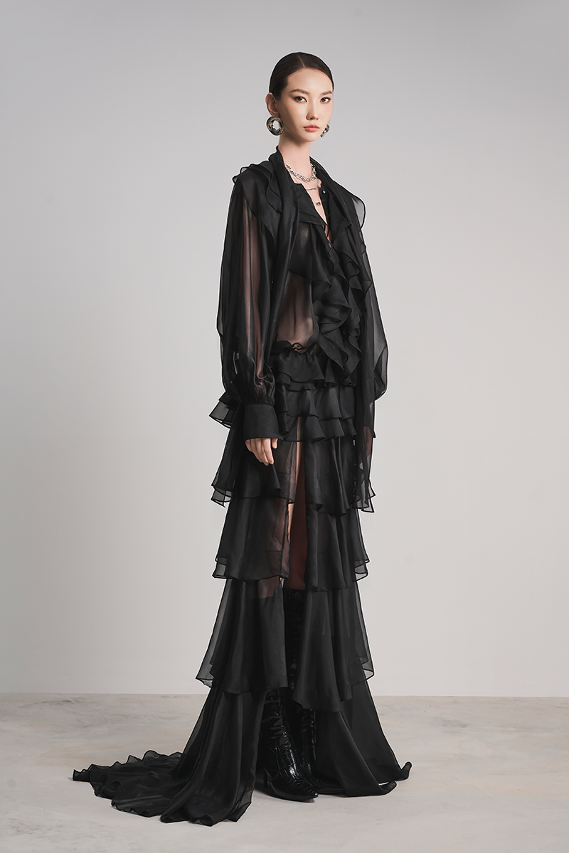 black ruffle sleeve maxi dress Ava. Long Sleeve Ruffle Maxi Dress ELF