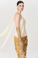 Le Thanh Hoa Golden Bamboo Co-ords set featuring a gold-colored top and matching pants with bamboo pattern details.