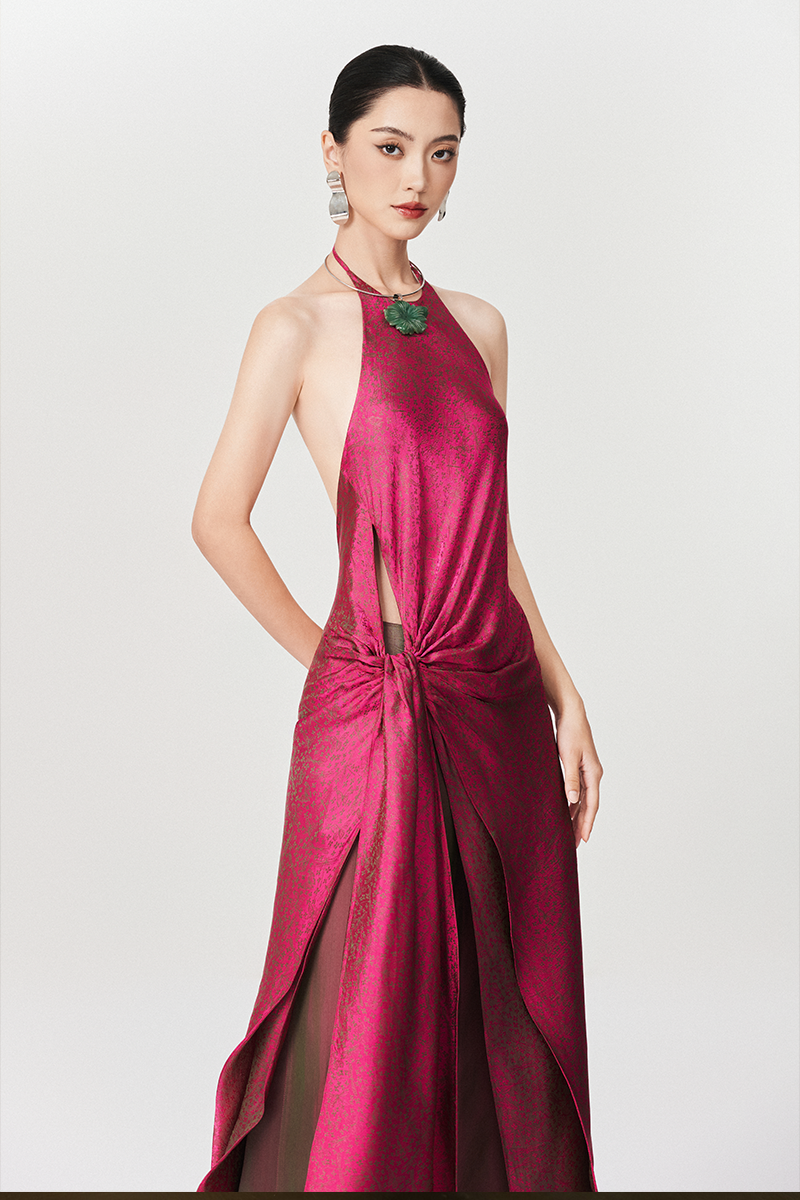 Pink PINKY LOTUS Ao Dai Set co-ords by Le Thanh Hoa featuring traditional Vietnamese silk fabric and elegant pink design.