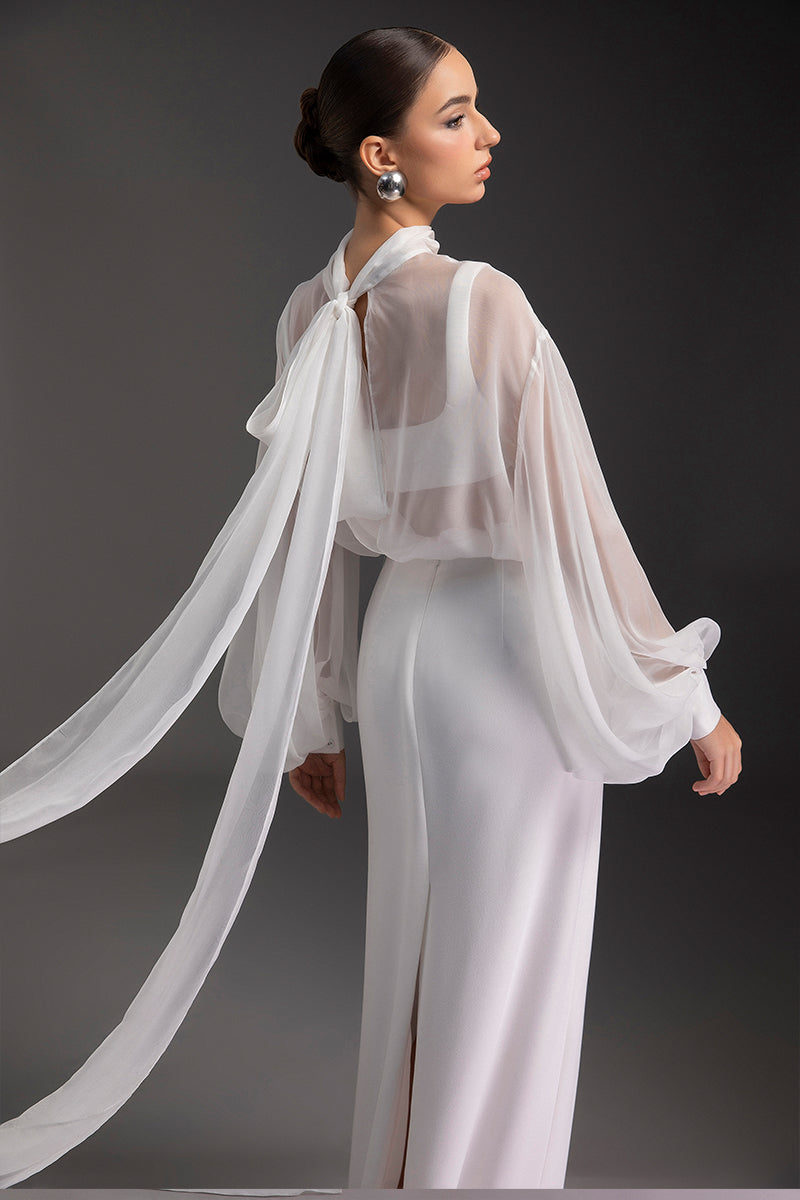 Le Thanh Hoa Ethereal Elegance co-ord set featuring a stylish top and matching skirt in lightweight fabric.