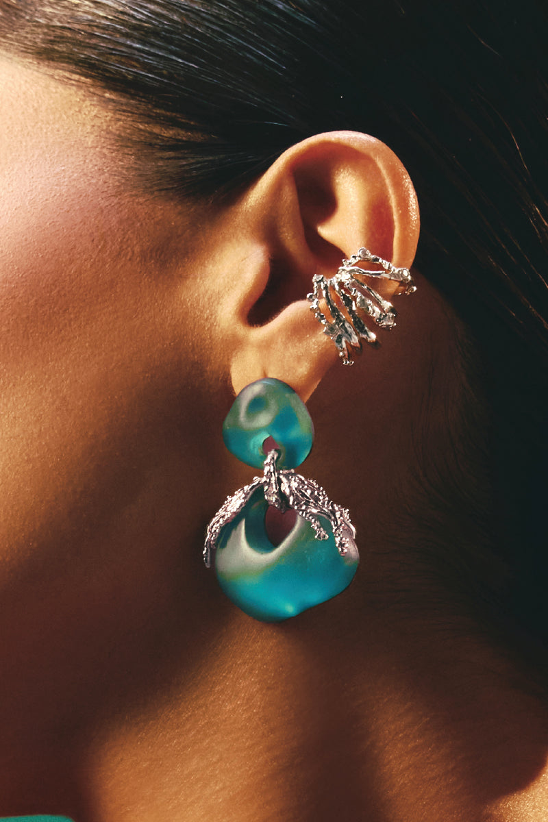 Rhodium-plated Vault Ear Cuff earrings by Jude Benhalim featuring sleek, modern design on a plain background.