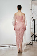 Do Long CULT MIA X DO Long Veil of Dawn gown displayed on an artboard, featuring elegant fabric and intricate design details.
