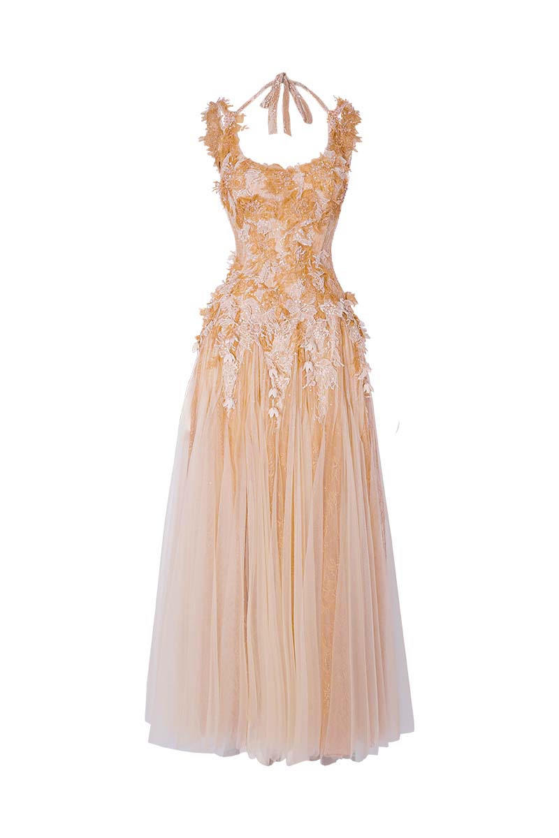 ROBE MIDI LONGUE À PÉTALES DORÉS CULT MIA X DO