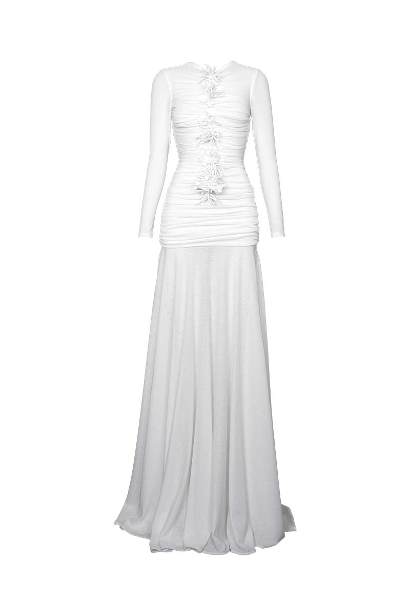 Do Long CULT MIA X DO Long sculpted grace maxi dress in elegant fabric, featuring a fitted silhouette and floor-length design.