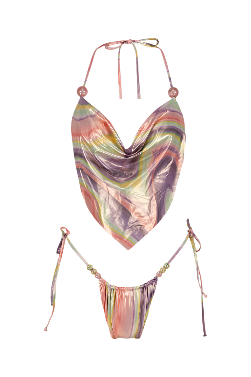Shiny pink print Aruna bikini set by Maliluha featuring a stylish bikini top and bottom on a model.