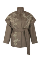 Nadya Shah Ash Bloom belted jacket with front view, featuring a stylish design and waist belt, in a soft, floral-inspired fabric.