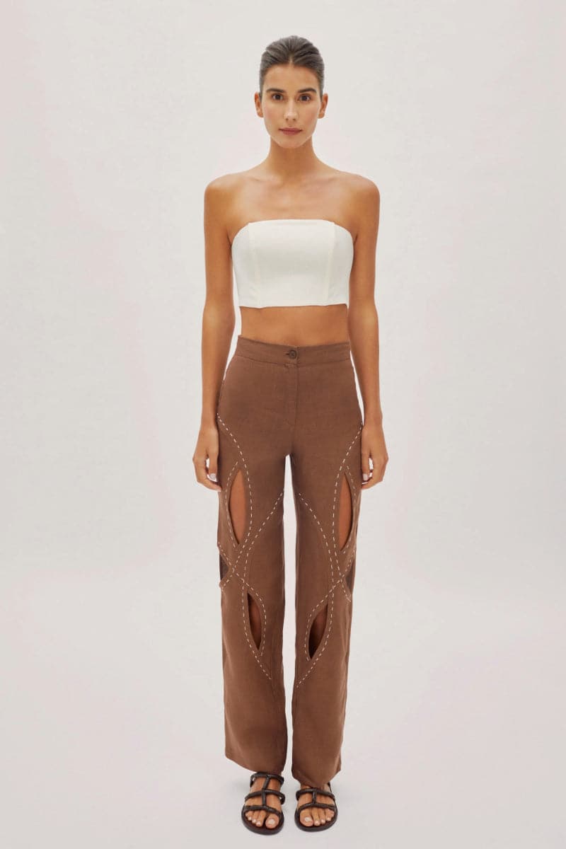 ASHER CAPPUCCINO LINEN CUT OUT CONTRAST STITCH PANTS - CULT MIA
