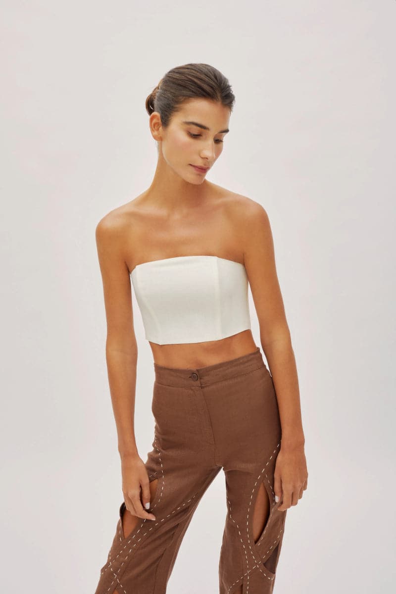 ASHER CAPPUCCINO LINEN CUT OUT CONTRAST STITCH PANTS - CULT MIA