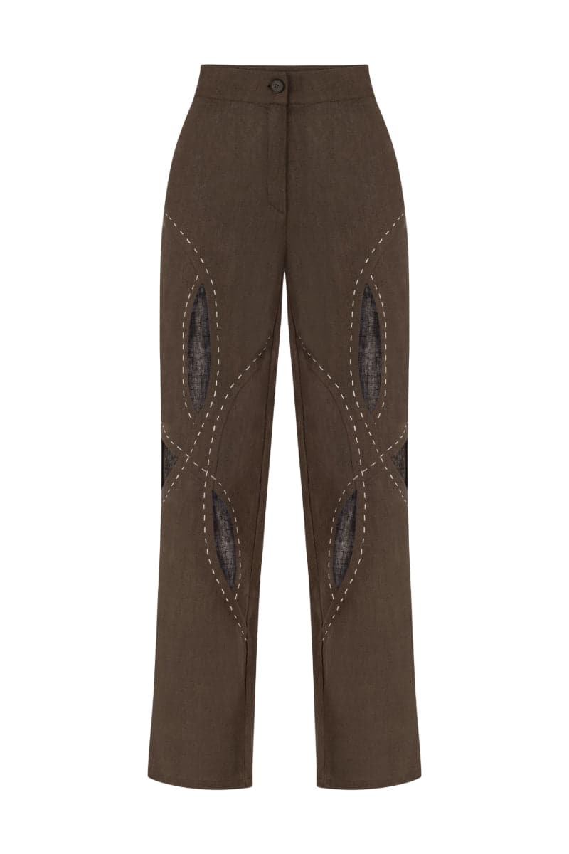 ASHER CAPPUCCINO LINEN CUT OUT CONTRAST STITCH PANTS - CULT MIA