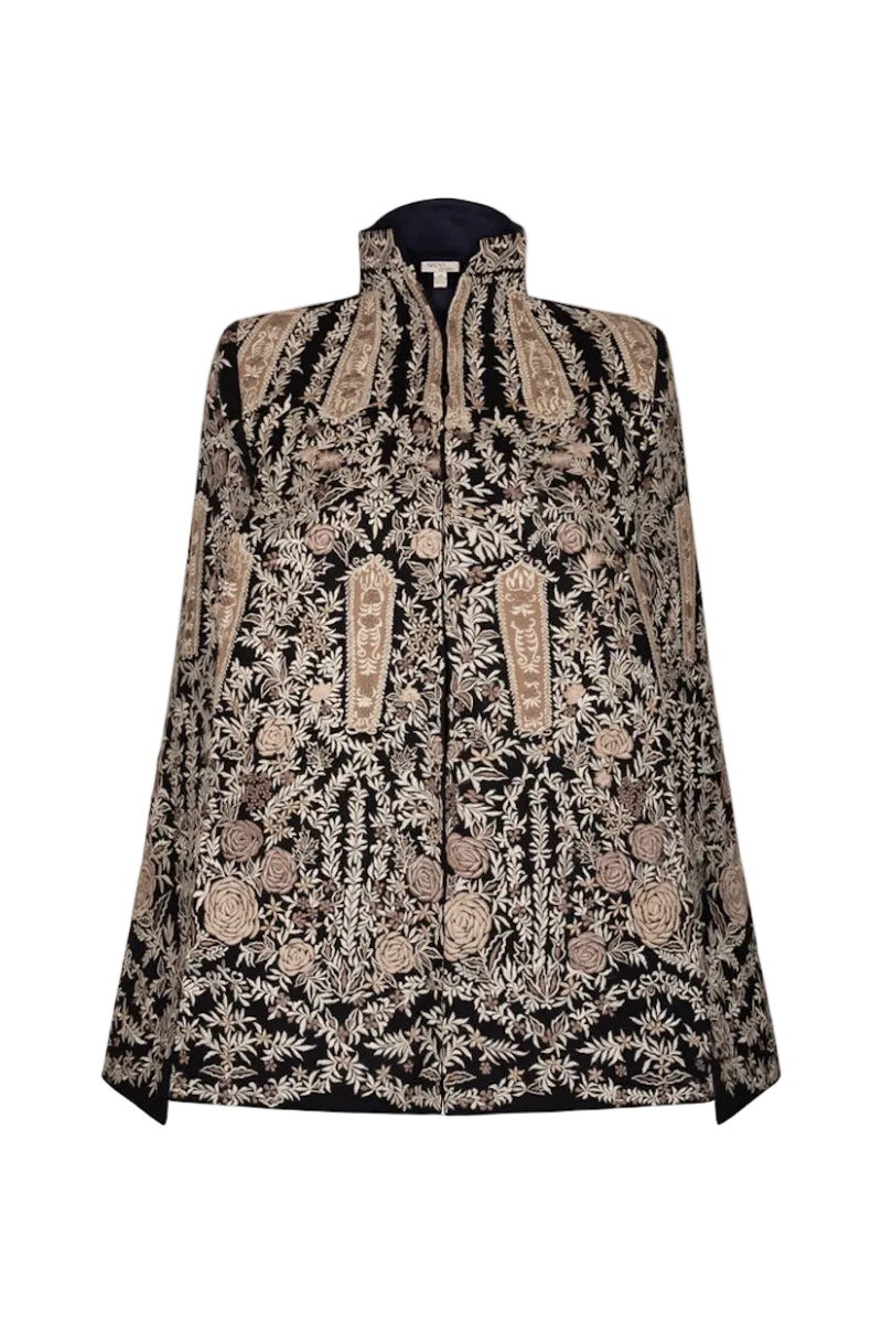 Nadya Shah Astrid in Byzantine Cape jacket with intricate embroidery and detailed front design, stylish and elegant outerwear.