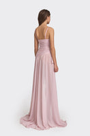 Dusty pink asymmetric draped chiffon mini dress by Stolen Stores, featuring elegant, flowing fabric and modern design details.
