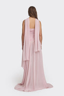 Dusty pink asymmetric draped chiffon mini dress by Stolen Stores, showcasing elegant flowing fabric and stylish neckline.