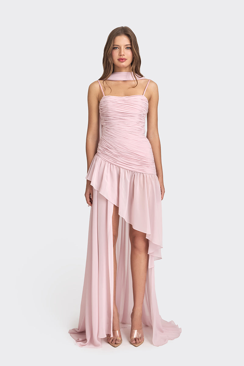 ASYMMETRIC DRAPED CHIFFON MINI DRESS IN DUSTY PINK | CULT MIA ASYMMETRIC DRAPED CHIFFON MINI DRESS IN DUSTY PINK | CULT MIA