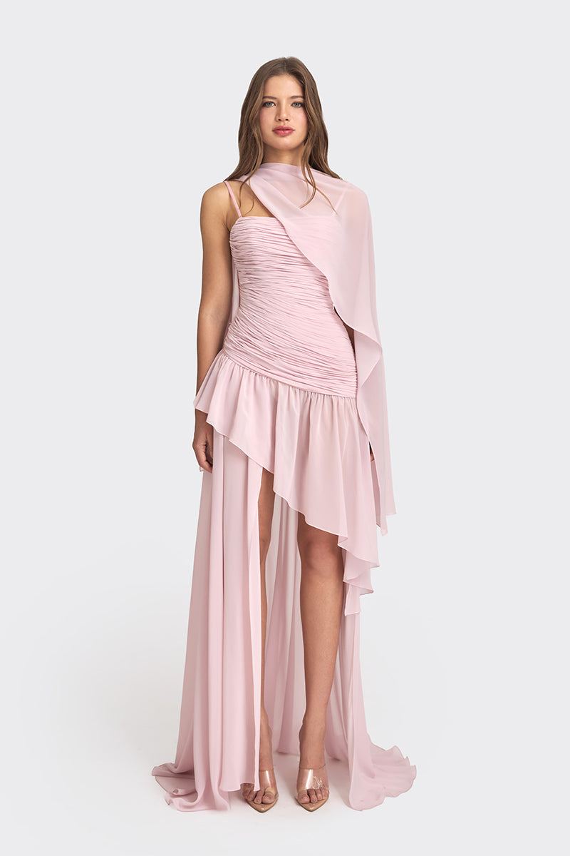 Stolen Stores ASYMMETRIC DRAPED CHIFFON MINI DRESS IN DUSTY PINK | Cult Mia Stolen Stores ASYMMETRIC DRAPED CHIFFON MINI DRESS IN DUSTY PINK | Cult Mia
