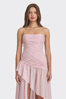 Dusty pink asymmetric draped chiffon mini dress by Stolen Stores, featuring elegant, flowing fabric and stylish asymmetric design.