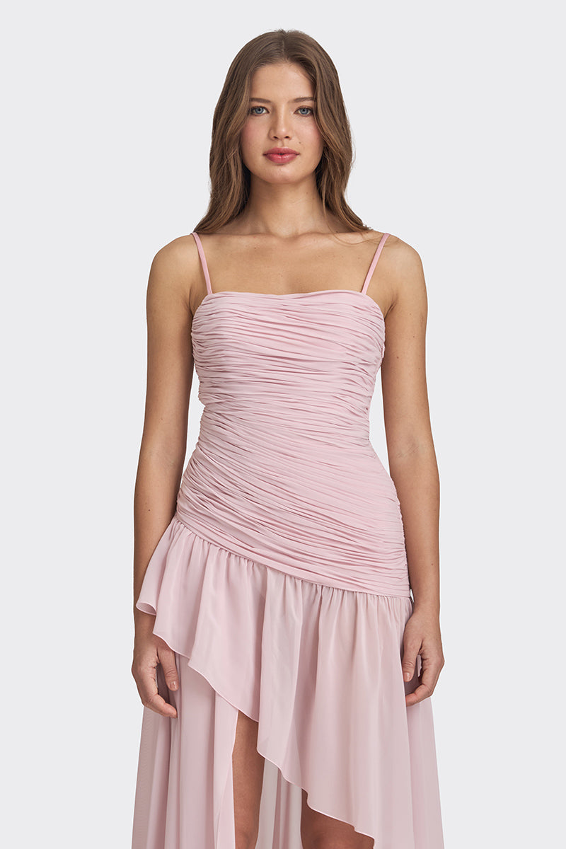 Dusty pink asymmetric draped chiffon mini dress by Stolen Stores, featuring elegant, flowing fabric and stylish asymmetric design.