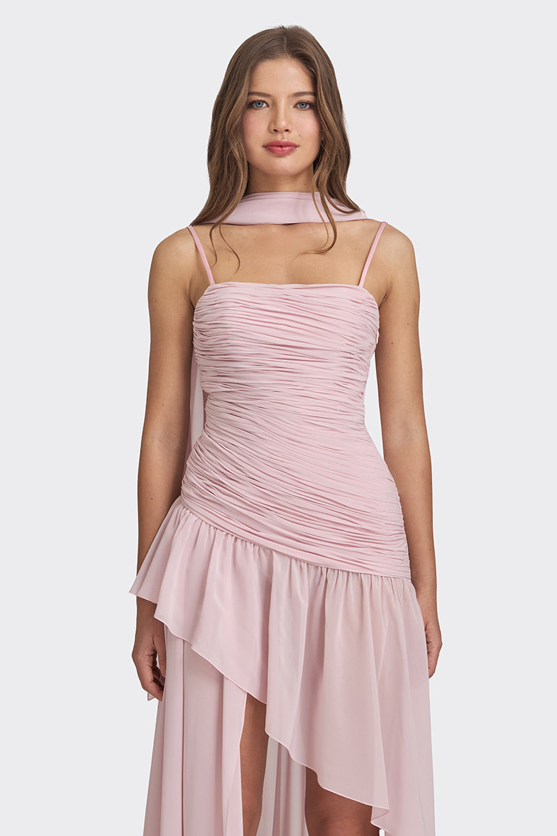 Dusty pink asymmetric draped chiffon mini dress by Stolen Stores, featuring a stylish, flowing design and elegant silhouette.