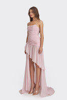 Dusty pink Stolen Stores asymmetric draped chiffon mini dress, featuring a stylish, flowing design and elegant neckline.