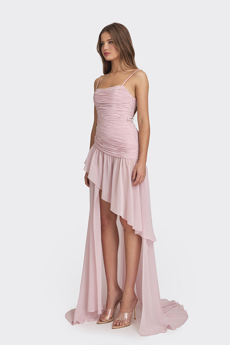 Dusty pink Stolen Stores asymmetric draped chiffon mini dress, featuring a stylish, flowing design and elegant neckline.