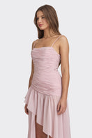 Dusty pink asymmetric draped chiffon mini dress by Stolen Stores, featuring elegant flowing fabric and stylish asymmetrical design.