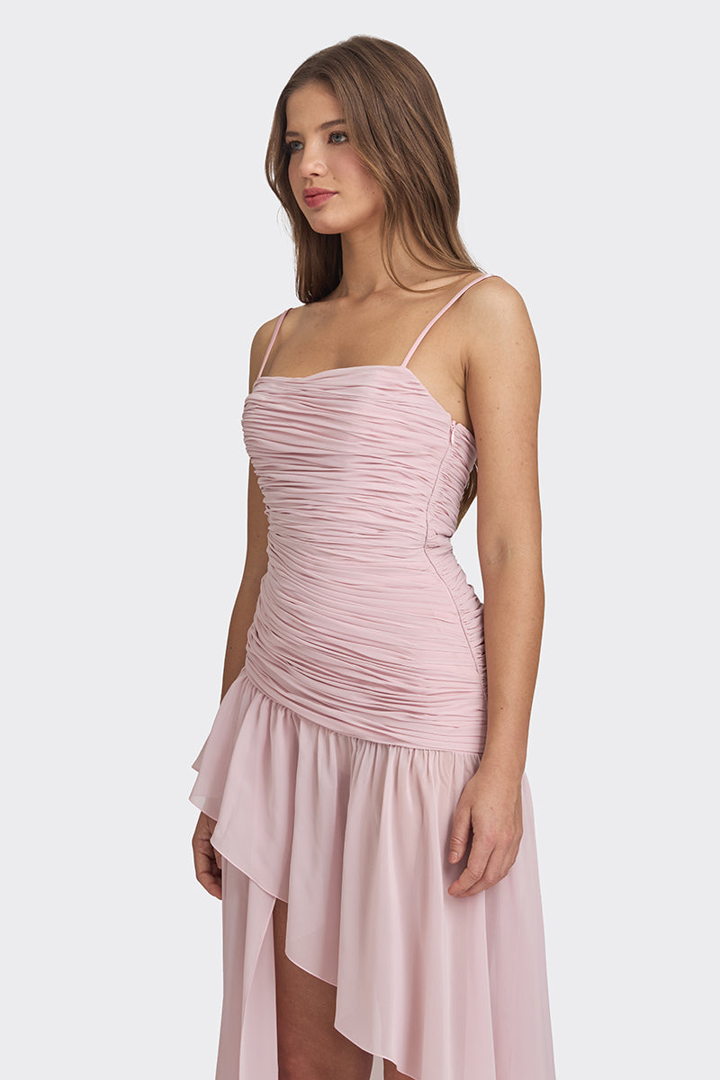 Dusty pink asymmetric draped chiffon mini dress by Stolen Stores, featuring elegant flowing fabric and stylish asymmetrical design.