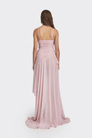Dusty pink asymmetric draped chiffon mini dress by Stolen Stores, featuring a stylish, flowing silhouette and elegant design.