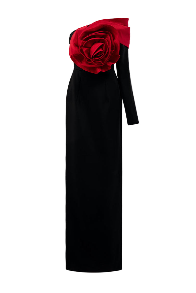 I.H.F LONG SLEEVES Black GOWN WITH DRAPPED RED ROSES | Cult Mia I.H.F LONG SLEEVES Black GOWN WITH DRAPPED RED ROSES | Cult Mia