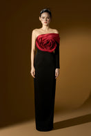 Red I.H.F gown featuring a rose crepe and taffeta design with an asymmetric column silhouette and elegant draped details.