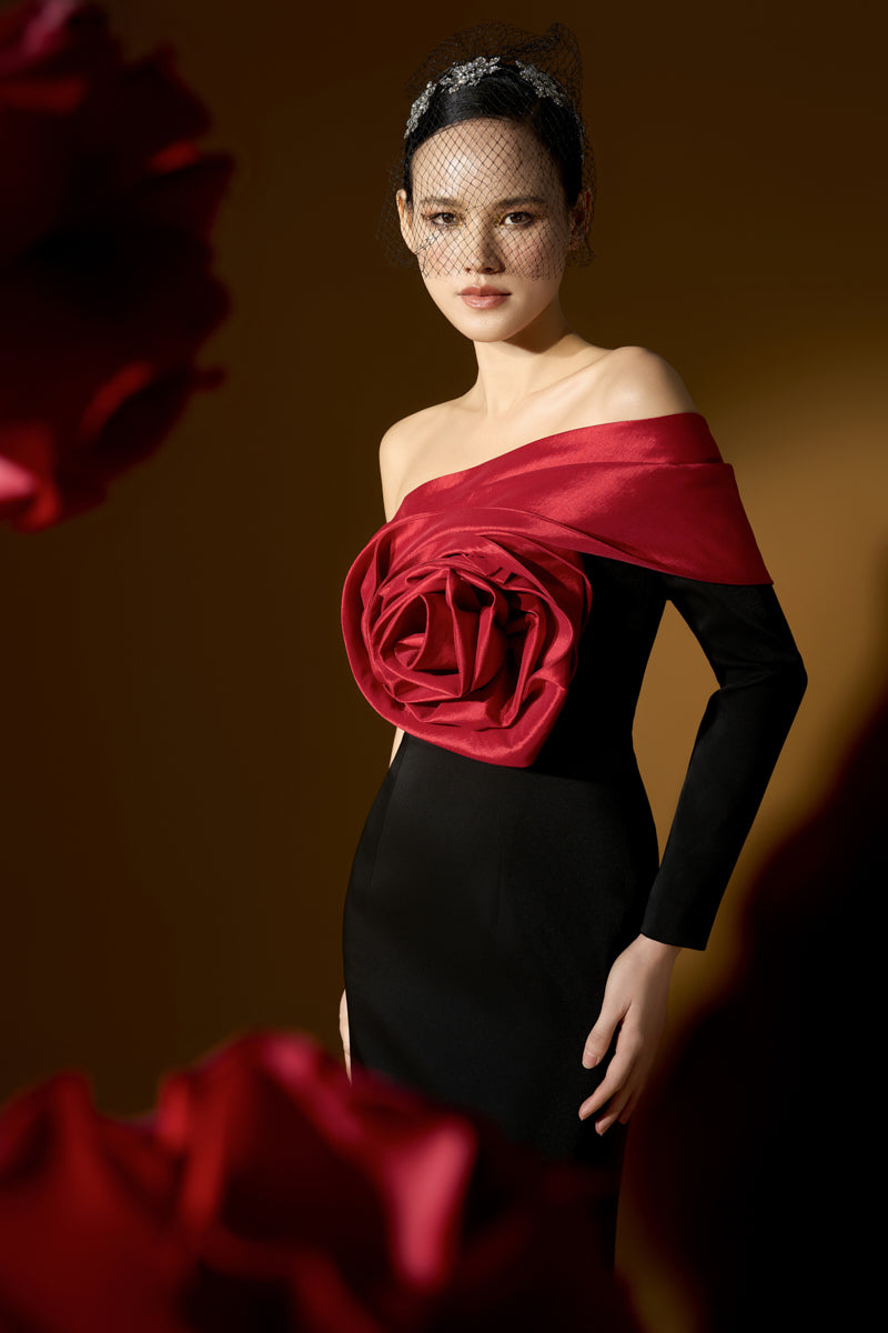red rosette dress Ava Presley 26524 Ruched One-Shoulder Rosette Dress