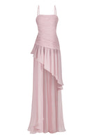 Asymmetric draped chiffon mini dress in dusty pink from Stolen Stores, featuring a stylish, flowing design and elegant silhouette.