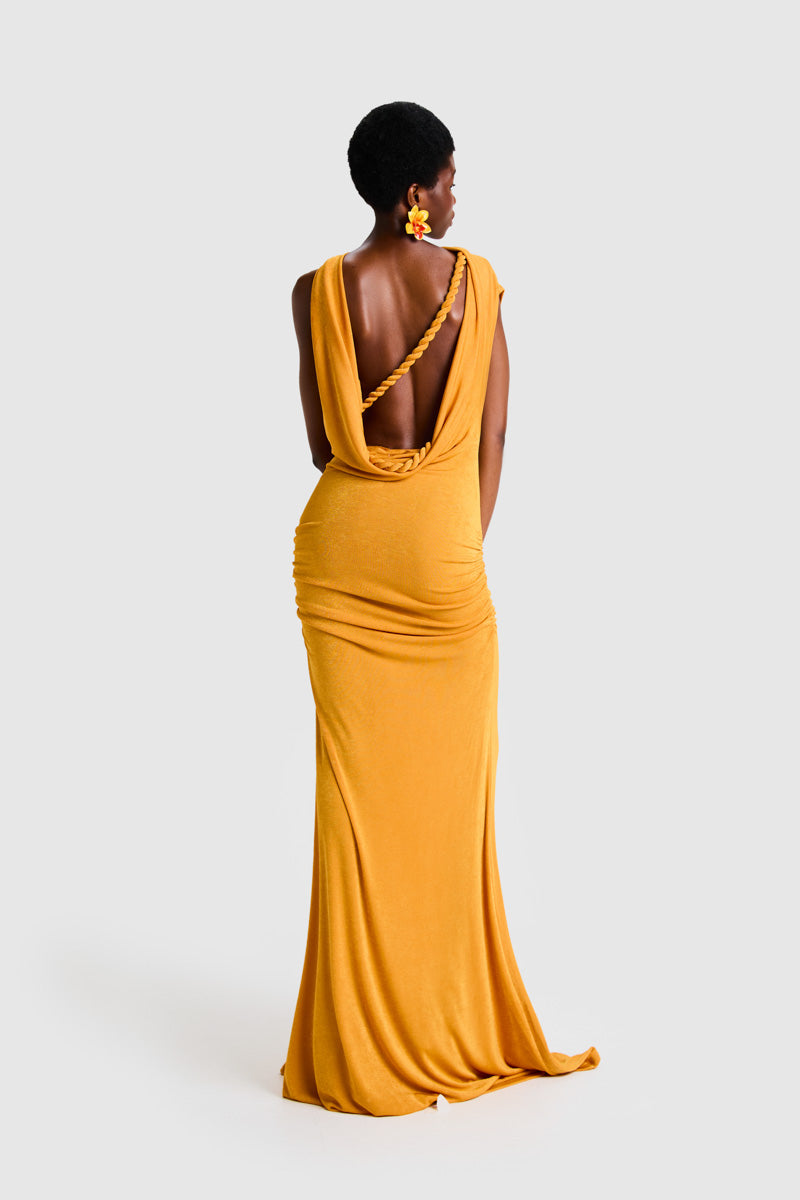 BBXBRAND asymmetric Niyah maxi dress in sweet pineapple pattern, flowing fabric and unique hemline, perfect for summer wear