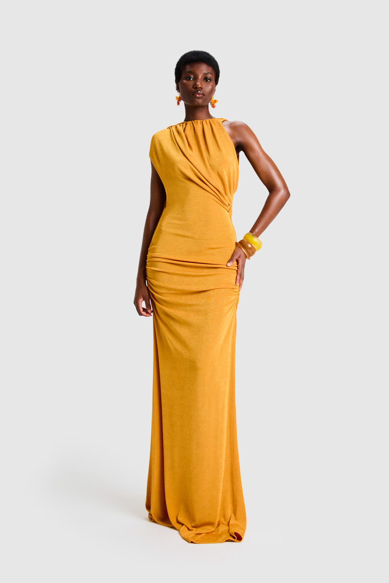 BBXBRAND asymmetric Niyah maxi dress in sweet pineapple print, flowing fabric and stylish asymmetric hem detail.